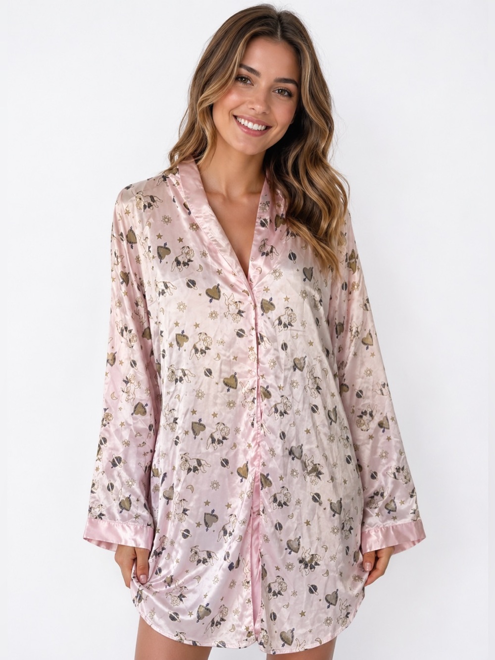 Simple Pleasures Intimates Robe 1X Pink Angel Print Satin Sleepwear